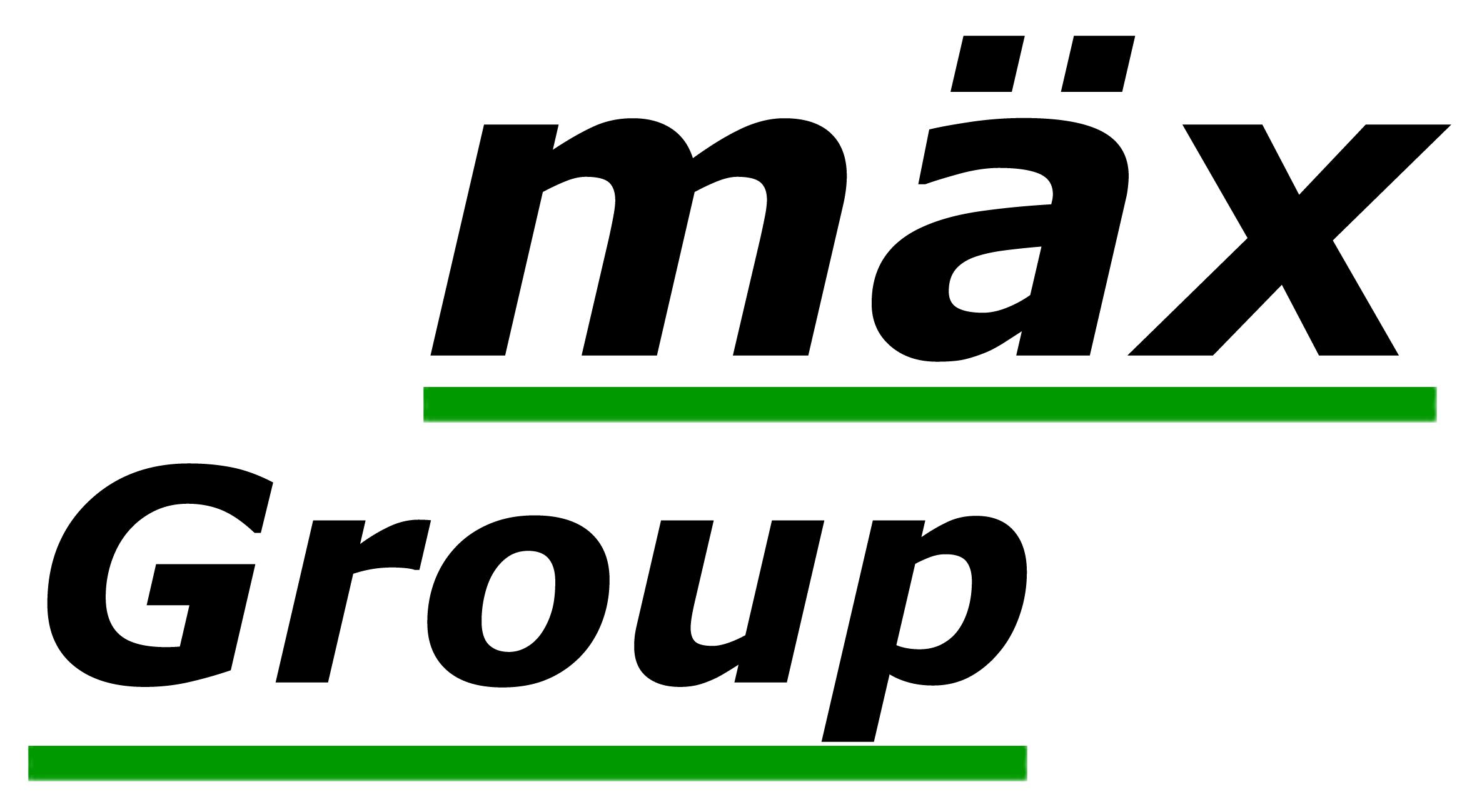 Mäx Group Logo mit schwarzem Schriftzug, das Wort 'mäx' kleingeschrieben in Schwarz, darunter 'Group' ebenfalls in Schwarz, ergänzt durch einen grünen Unterstrich.